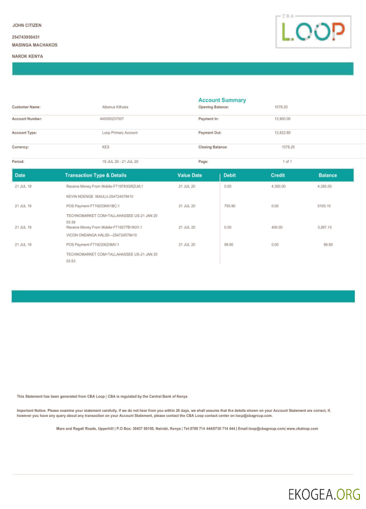 Modèle Word et PDF de relevé bancaire Kenya Loop